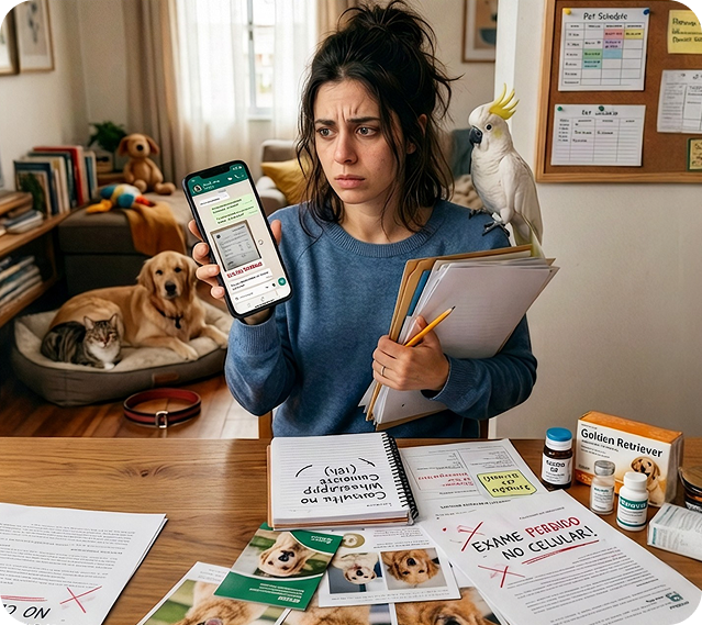 Tutora com expressão confusa segura um celular e uma pilha de papéis; ao fundo, um cachorro, um gato e uma cacatua; sobre a mesa, exames e receitas espalhados.