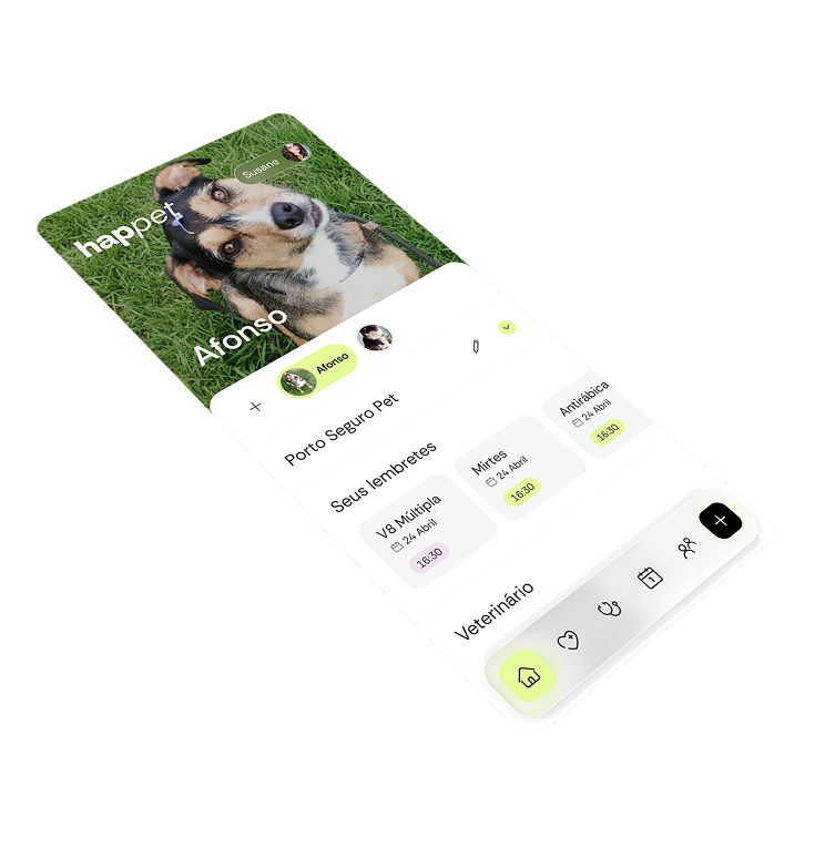 Tela inicial do app Happet mostrando o perfil do pet e os lembretes, inclinada em 3D.